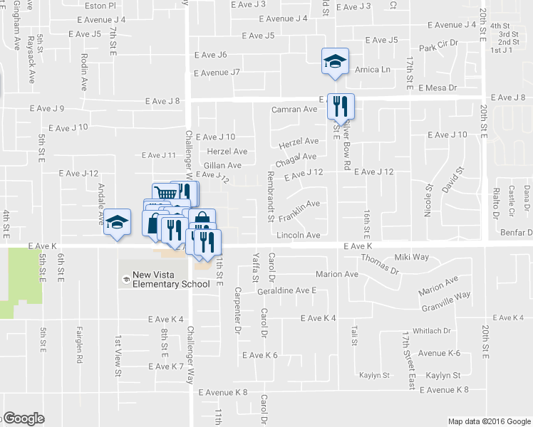 map of restaurants, bars, coffee shops, grocery stores, and more near 43637 Rembrandt Street in Lancaster