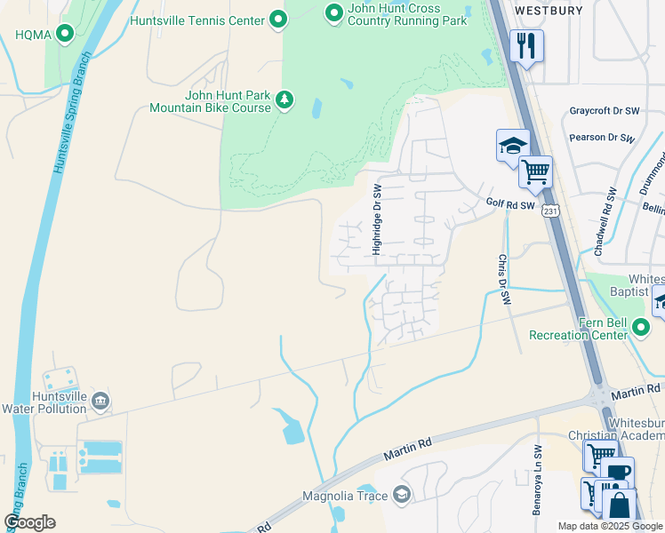 map of restaurants, bars, coffee shops, grocery stores, and more near 4016 Hunters Ridge Drive Southwest in Huntsville