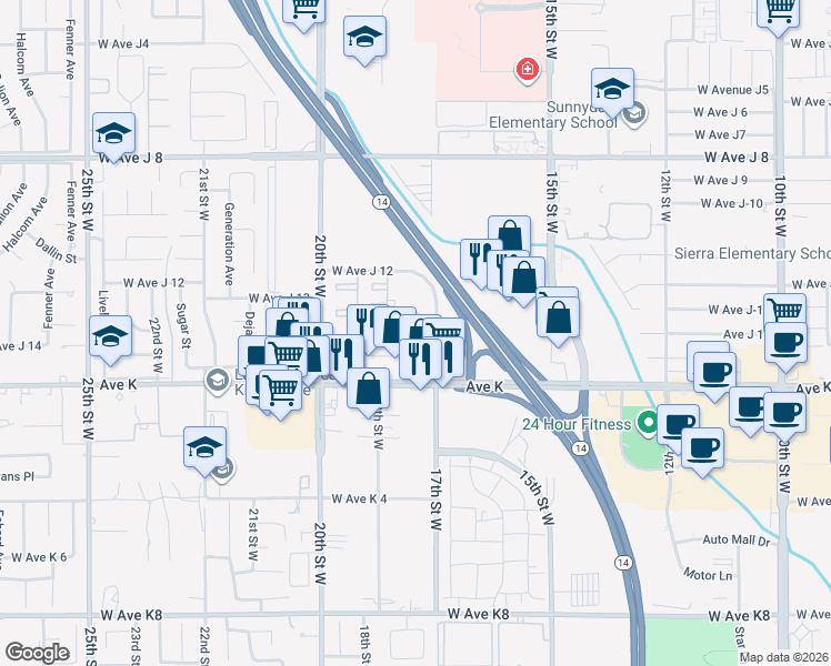 map of restaurants, bars, coffee shops, grocery stores, and more near 1719 West Avenue J15 in Lancaster