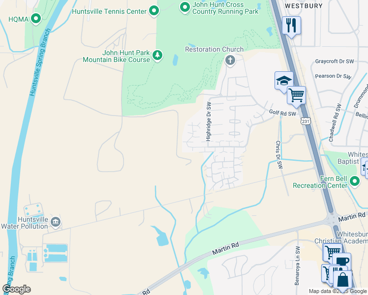 map of restaurants, bars, coffee shops, grocery stores, and more near 4016 Hunters Ridge Drive Southwest in Huntsville