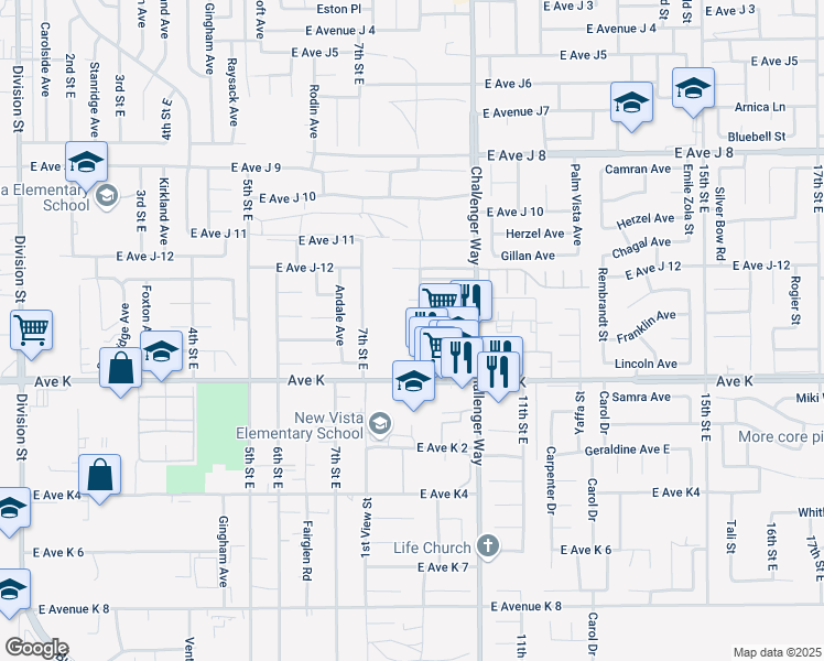 map of restaurants, bars, coffee shops, grocery stores, and more near 43653 8th Street East in Lancaster