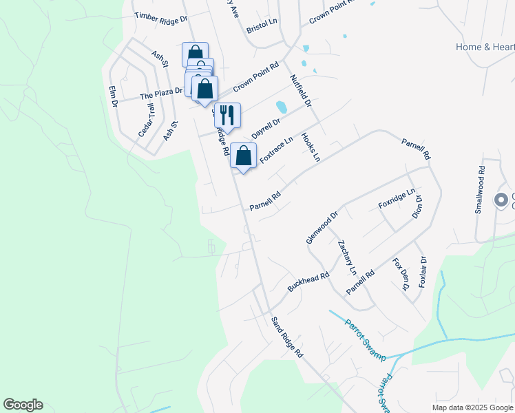 map of restaurants, bars, coffee shops, grocery stores, and more near 111 Parnell Road in Hubert