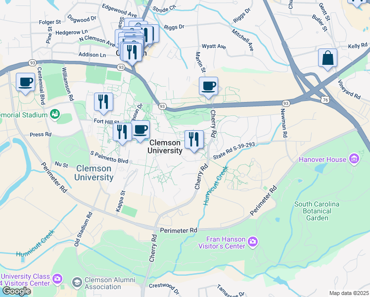 map of restaurants, bars, coffee shops, grocery stores, and more near Rho Tau Service Drive in Clemson