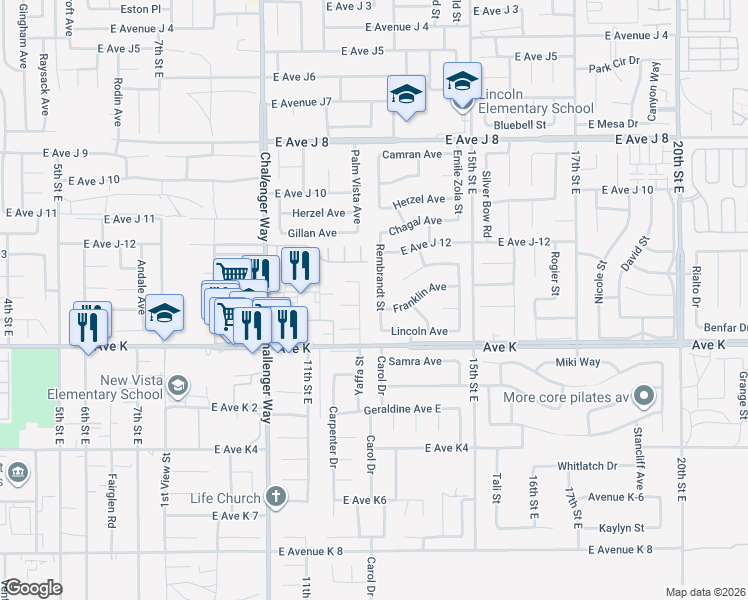 map of restaurants, bars, coffee shops, grocery stores, and more near 43637 Rembrandt Street in Lancaster