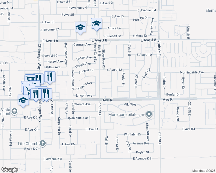 map of restaurants, bars, coffee shops, grocery stores, and more near 1533 Granicy Drive in Lancaster
