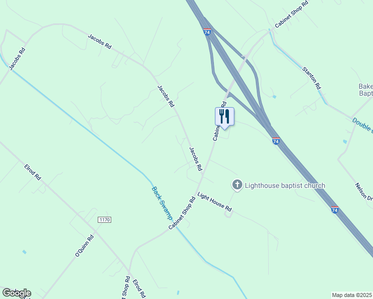 map of restaurants, bars, coffee shops, grocery stores, and more near 149 Jacobs Road in Maxton