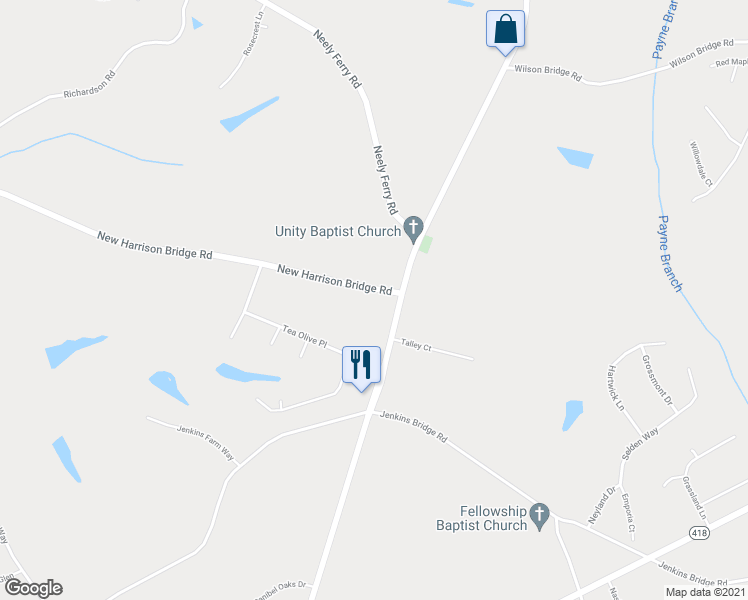 map of restaurants, bars, coffee shops, grocery stores, and more near 75 New Harrison Bridge Road in Simpsonville