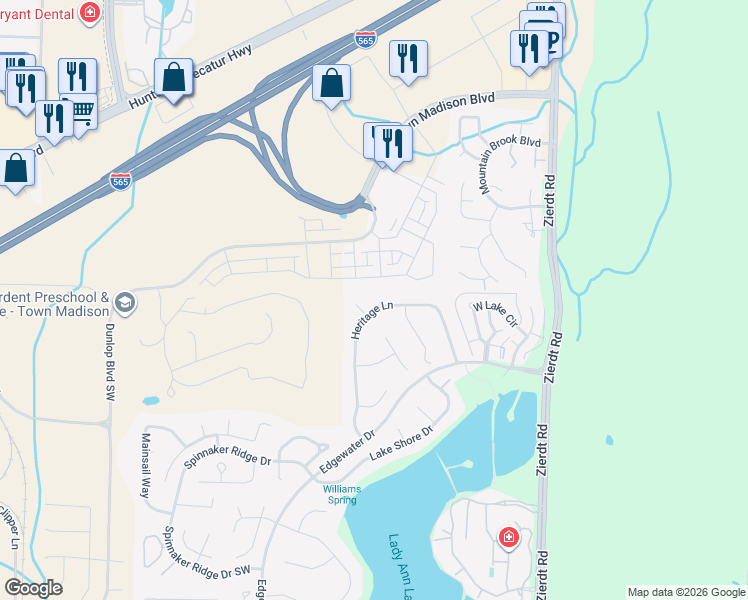 map of restaurants, bars, coffee shops, grocery stores, and more near 130 Heritage Lane in Madison