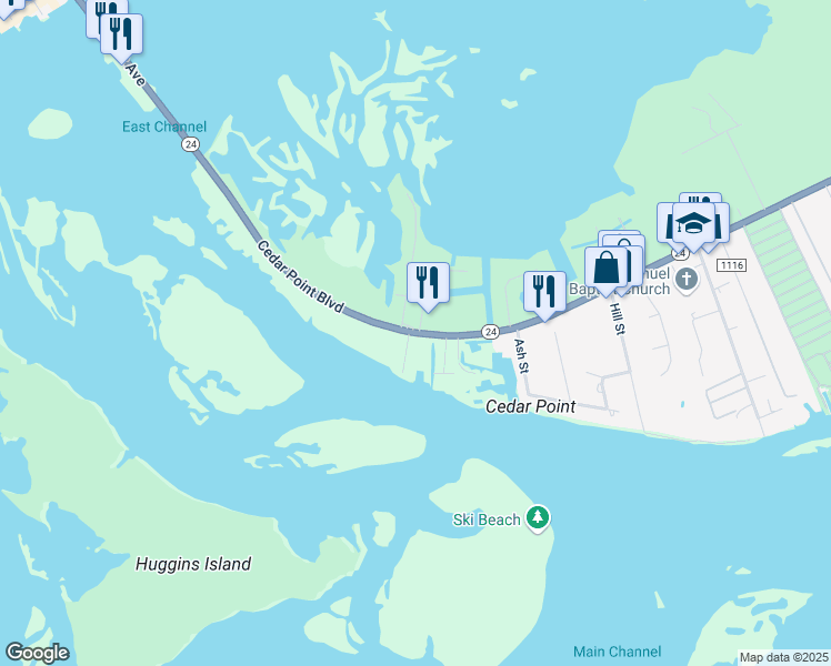 map of restaurants, bars, coffee shops, grocery stores, and more near 307 Cedar Point Boulevard in Cedar Point