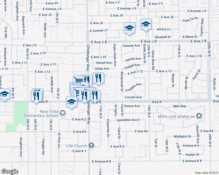 map of restaurants, bars, coffee shops, grocery stores, and more near 1123 Amorosa Drive in Lancaster