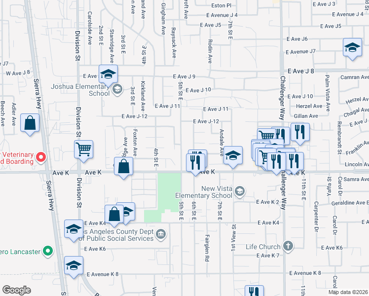 map of restaurants, bars, coffee shops, grocery stores, and more near 43656 5th Street East in Lancaster