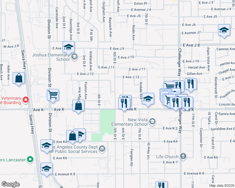 map of restaurants, bars, coffee shops, grocery stores, and more near 43656 5th Street East in Lancaster