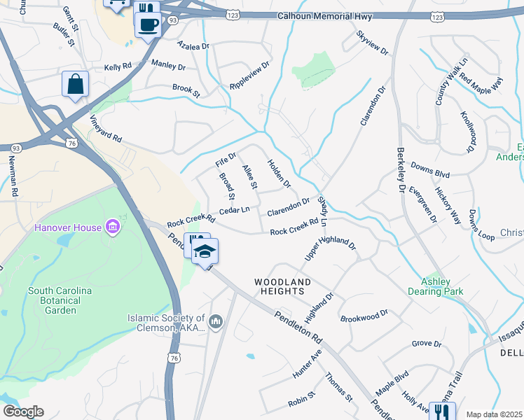map of restaurants, bars, coffee shops, grocery stores, and more near 108 Riding Road in Clemson