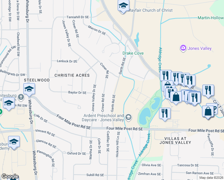 map of restaurants, bars, coffee shops, grocery stores, and more near 6814 Garth Road Southeast in Huntsville