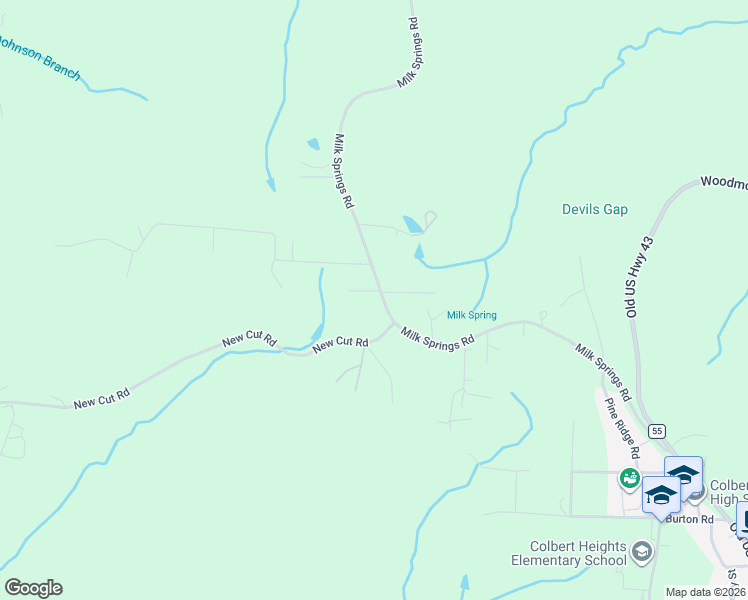 map of restaurants, bars, coffee shops, grocery stores, and more near Milk Springs Road in Tuscumbia