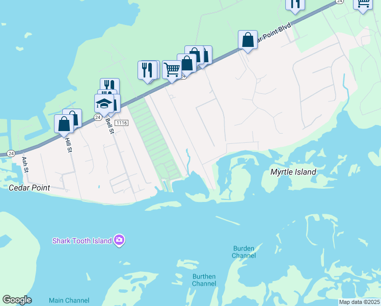 map of restaurants, bars, coffee shops, grocery stores, and more near 162 Jones Street in Cedar Point