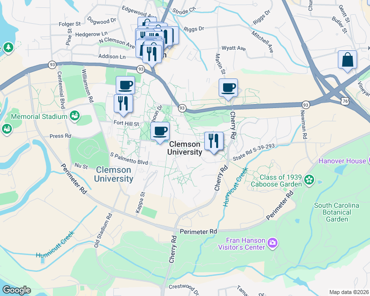 map of restaurants, bars, coffee shops, grocery stores, and more near in Clemson University