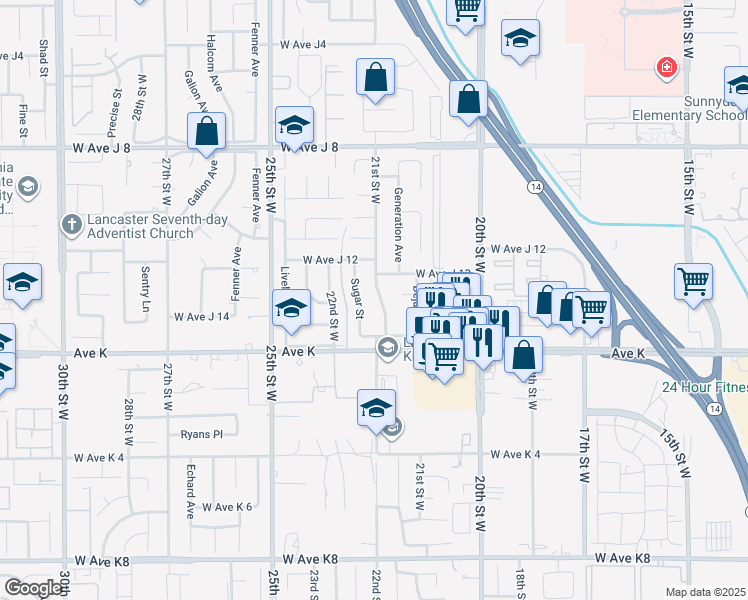 map of restaurants, bars, coffee shops, grocery stores, and more near 43700 21st Street West in Lancaster