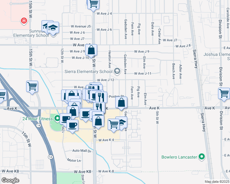 map of restaurants, bars, coffee shops, grocery stores, and more near 43714 Heaton Avenue in Lancaster