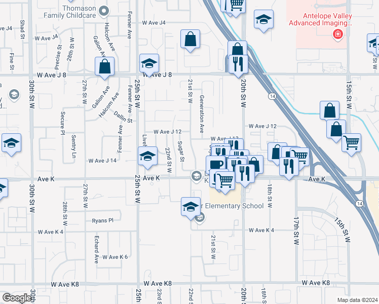 map of restaurants, bars, coffee shops, grocery stores, and more near 43665 21st Street West in Lancaster