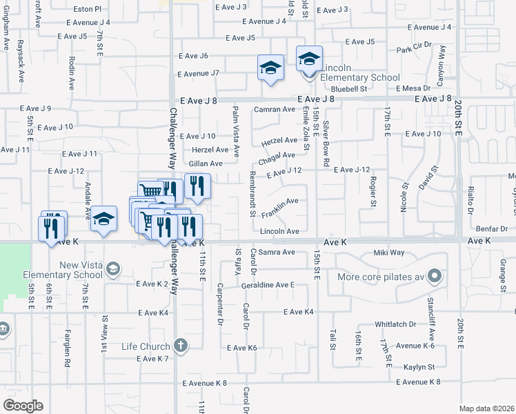 map of restaurants, bars, coffee shops, grocery stores, and more near 43646 Rembrandt Street in Lancaster