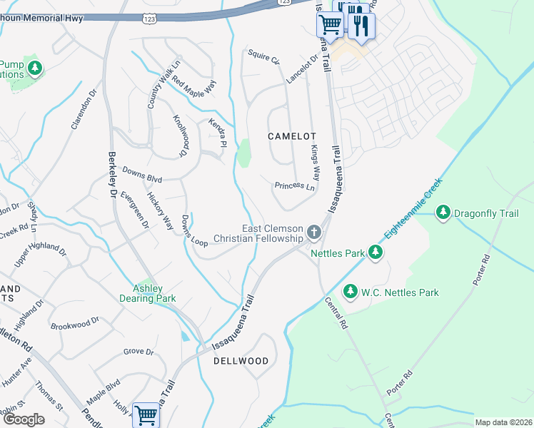 map of restaurants, bars, coffee shops, grocery stores, and more near 608 Downs Loop in Clemson