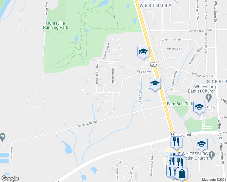 map of restaurants, bars, coffee shops, grocery stores, and more near 4039 Hunters Ridge Drive Southwest in Huntsville