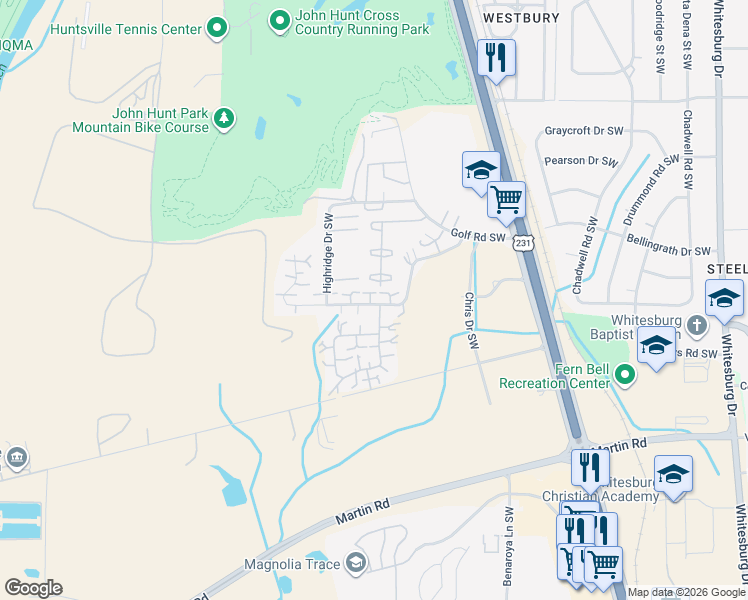 map of restaurants, bars, coffee shops, grocery stores, and more near 4039 Hunters Ridge Drive Southwest in Huntsville