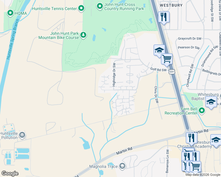 map of restaurants, bars, coffee shops, grocery stores, and more near 4027 Hunters Ridge Drive Southwest in Huntsville