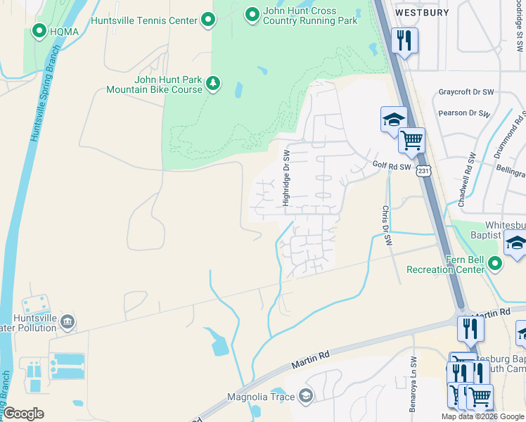 map of restaurants, bars, coffee shops, grocery stores, and more near 4027 Hunters Ridge Drive Southwest in Huntsville