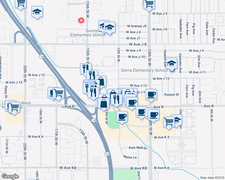 map of restaurants, bars, coffee shops, grocery stores, and more near 43709 Rimvale Avenue in Lancaster