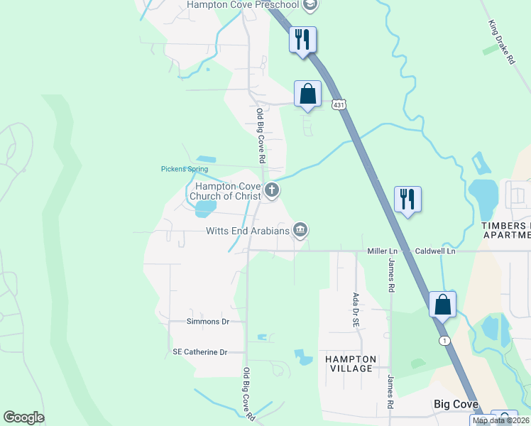 map of restaurants, bars, coffee shops, grocery stores, and more near 443 Old Big Cove Road in Brownsboro