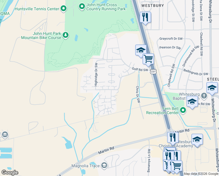 map of restaurants, bars, coffee shops, grocery stores, and more near 4039 Hunters Ridge Drive Southwest in Huntsville