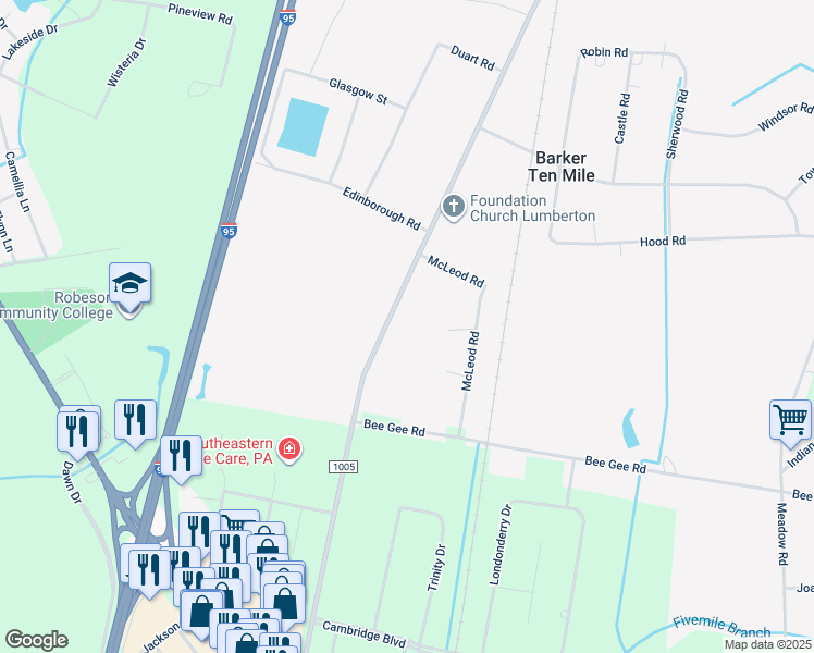 map of restaurants, bars, coffee shops, grocery stores, and more near 410 B T Road in Lumberton
