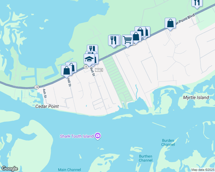 map of restaurants, bars, coffee shops, grocery stores, and more near 650 Cedar Point Boulevard in Cedar Point
