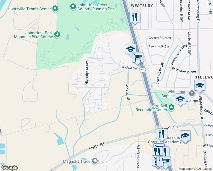 map of restaurants, bars, coffee shops, grocery stores, and more near 4105 Hunters Ridge Drive Southwest in Huntsville