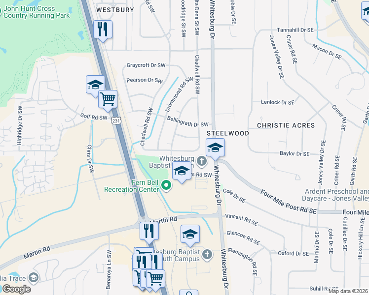 map of restaurants, bars, coffee shops, grocery stores, and more near 6608 Chadwell Road Southwest in Huntsville