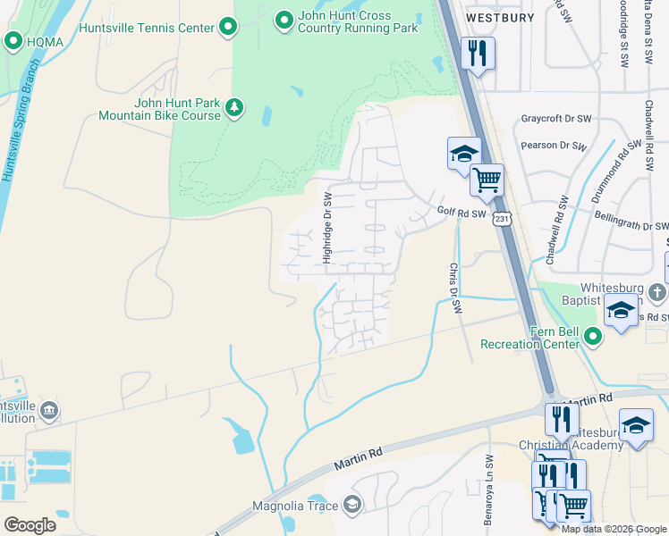 map of restaurants, bars, coffee shops, grocery stores, and more near 4031 Hunters Ridge Drive Southwest in Huntsville