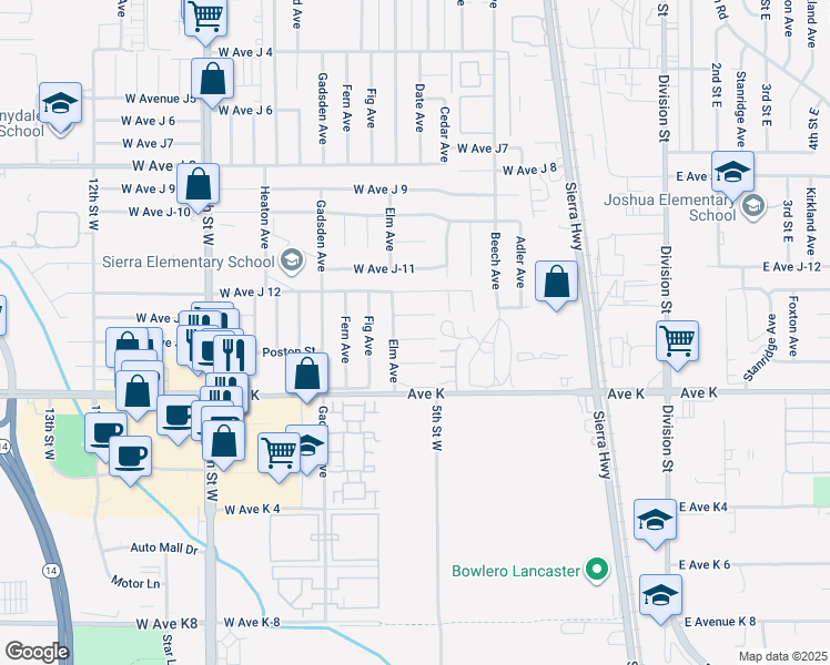 map of restaurants, bars, coffee shops, grocery stores, and more near 527 Avenue J 14 in Lancaster