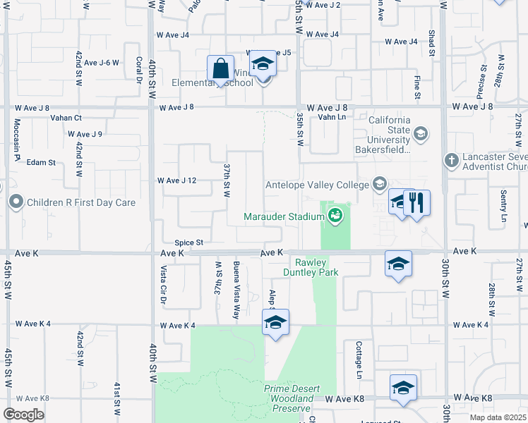 map of restaurants, bars, coffee shops, grocery stores, and more near 36th Street West in Lancaster