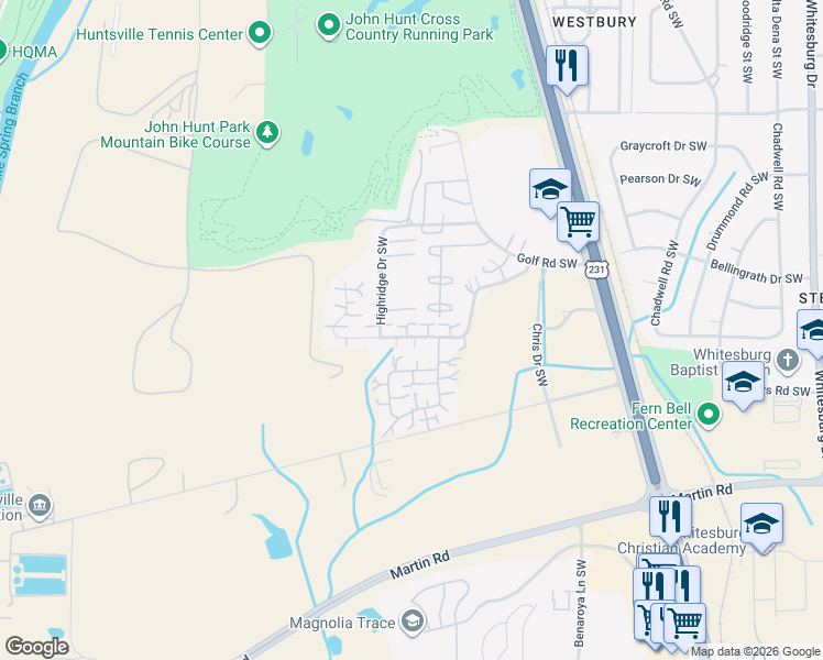 map of restaurants, bars, coffee shops, grocery stores, and more near 4031 Hunters Ridge Drive Southwest in Huntsville