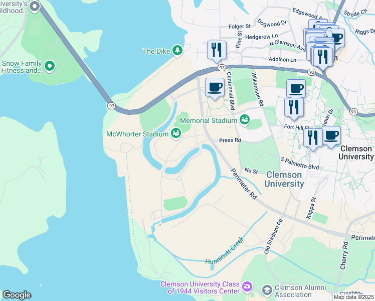 map of restaurants, bars, coffee shops, grocery stores, and more near Jervey Meadows in Clemson