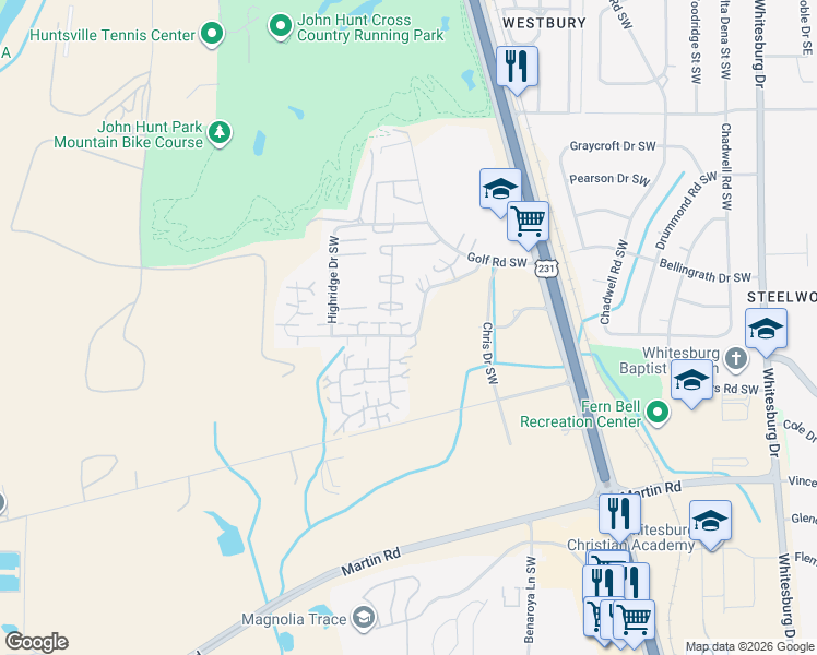 map of restaurants, bars, coffee shops, grocery stores, and more near 4105 Hunters Ridge Drive Southwest in Huntsville
