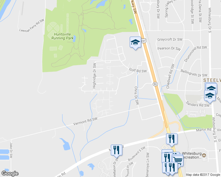 map of restaurants, bars, coffee shops, grocery stores, and more near 4039 Hunters Ridge Drive Southwest in Huntsville