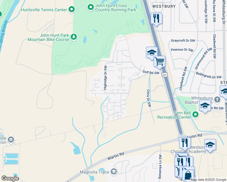 map of restaurants, bars, coffee shops, grocery stores, and more near 4031 Hunters Ridge Drive Southwest in Huntsville