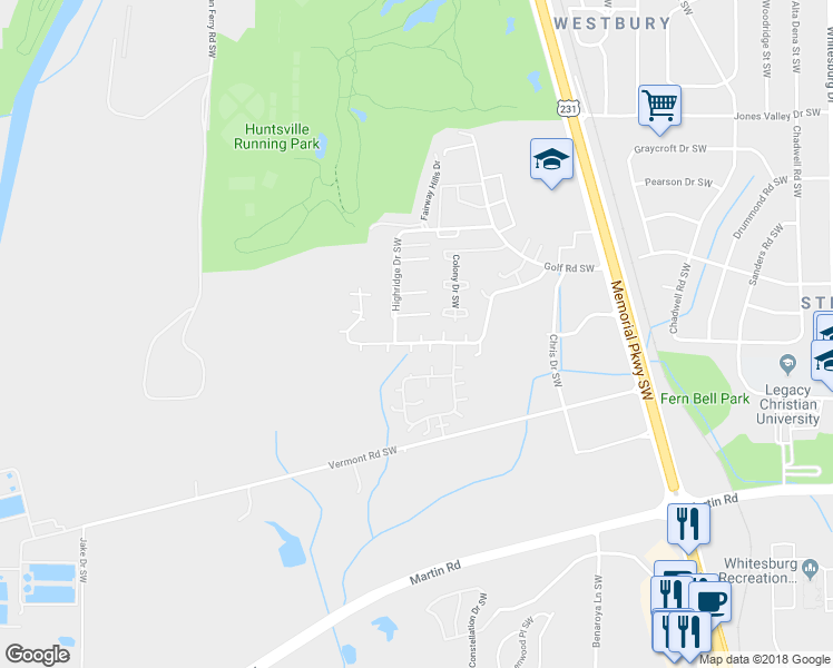 map of restaurants, bars, coffee shops, grocery stores, and more near 4031 Hunters Ridge Drive Southwest in Huntsville