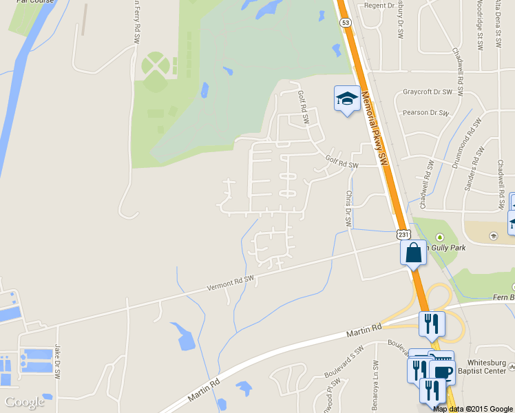 map of restaurants, bars, coffee shops, grocery stores, and more near 4031 Hunters Ridge Drive Southwest in Huntsville