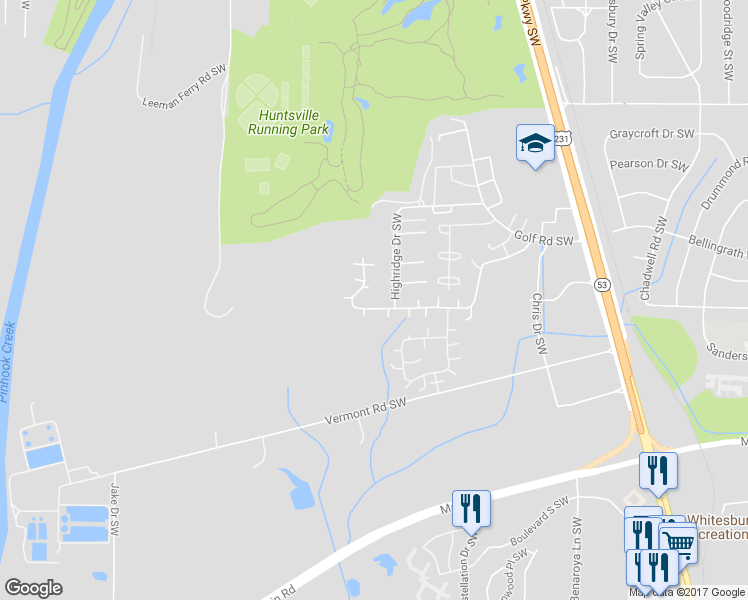 map of restaurants, bars, coffee shops, grocery stores, and more near 4027 Hunters Ridge Drive Southwest in Huntsville
