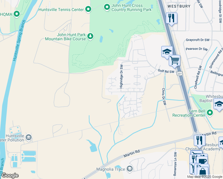 map of restaurants, bars, coffee shops, grocery stores, and more near 4027 Hunters Ridge Drive Southwest in Huntsville