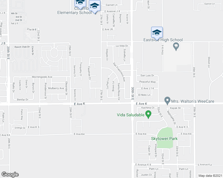 map of restaurants, bars, coffee shops, grocery stores, and more near 43655 Bravo Lane in Lancaster